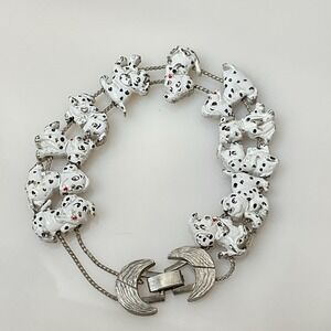 Vintage Dalmatian Dog Bracelet White Enamel Puppy Link Slide Charm 7"